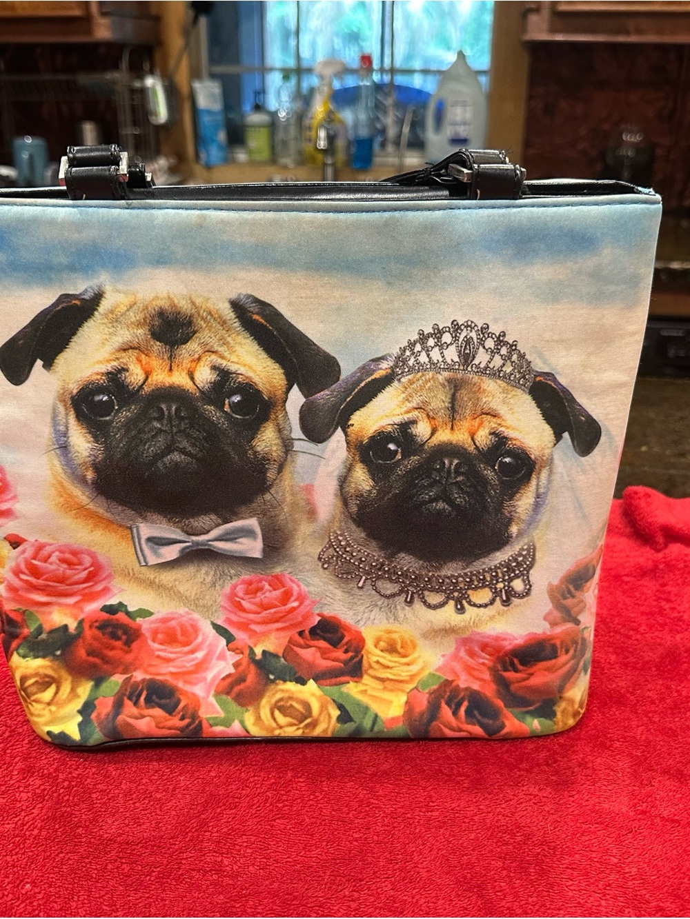 Pug Portrait Tote Bag with Roses - Blue, Pink, Yellow